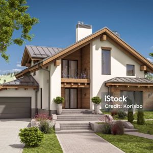 3d rendering of modern cozy house in chalet style with garage for sale or rent with large garden and lawn. Clear sunny summer day with cloudless sky.