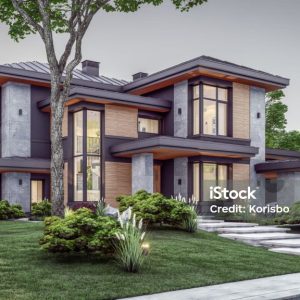 3d rendering of modern two story house with gray and wood accents, large windows, parking space in the right side of the building. Clear summer evening with cozy light from window
